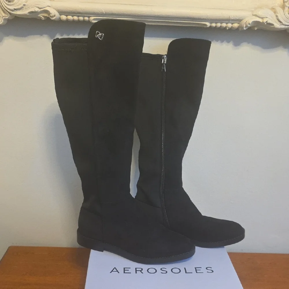 AEROSOLES Tierra Black Vegan Suede Knee High Boots With Comfort Technology, New
